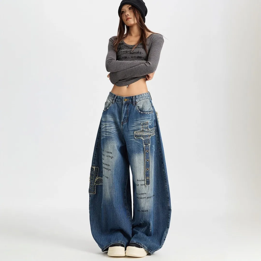 Women's Loose Wide Leg Jeans, Distressed Denim Pants, American Style, Slim Fit, Long Trousers, New Fashion, Autumn, Y2k