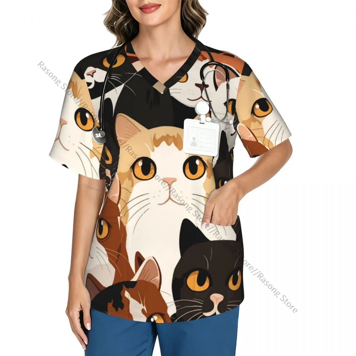 Cartoon Cats Print Scrubs tops medical uniforms women V Neck Stretch Scrub Shirt Dentist doctor Blouse