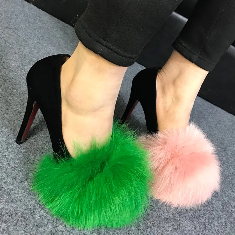 Zapatos de tacón alto cubiertos de piel de zorro grande para mujer, calzado con plataforma de 12 Cm, tacones altos, Zapatos de piel auténtica, color verde, rojo y rosa