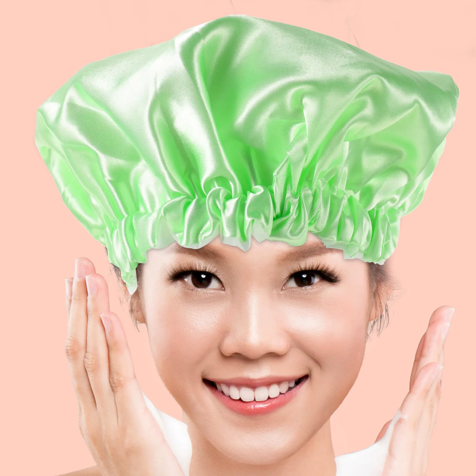 2Pcs Satin Shower Caps for Women Double Layer Bath Hair Cover Makeup Wash Face Comfortable Elastic Stretchy Waterproof
