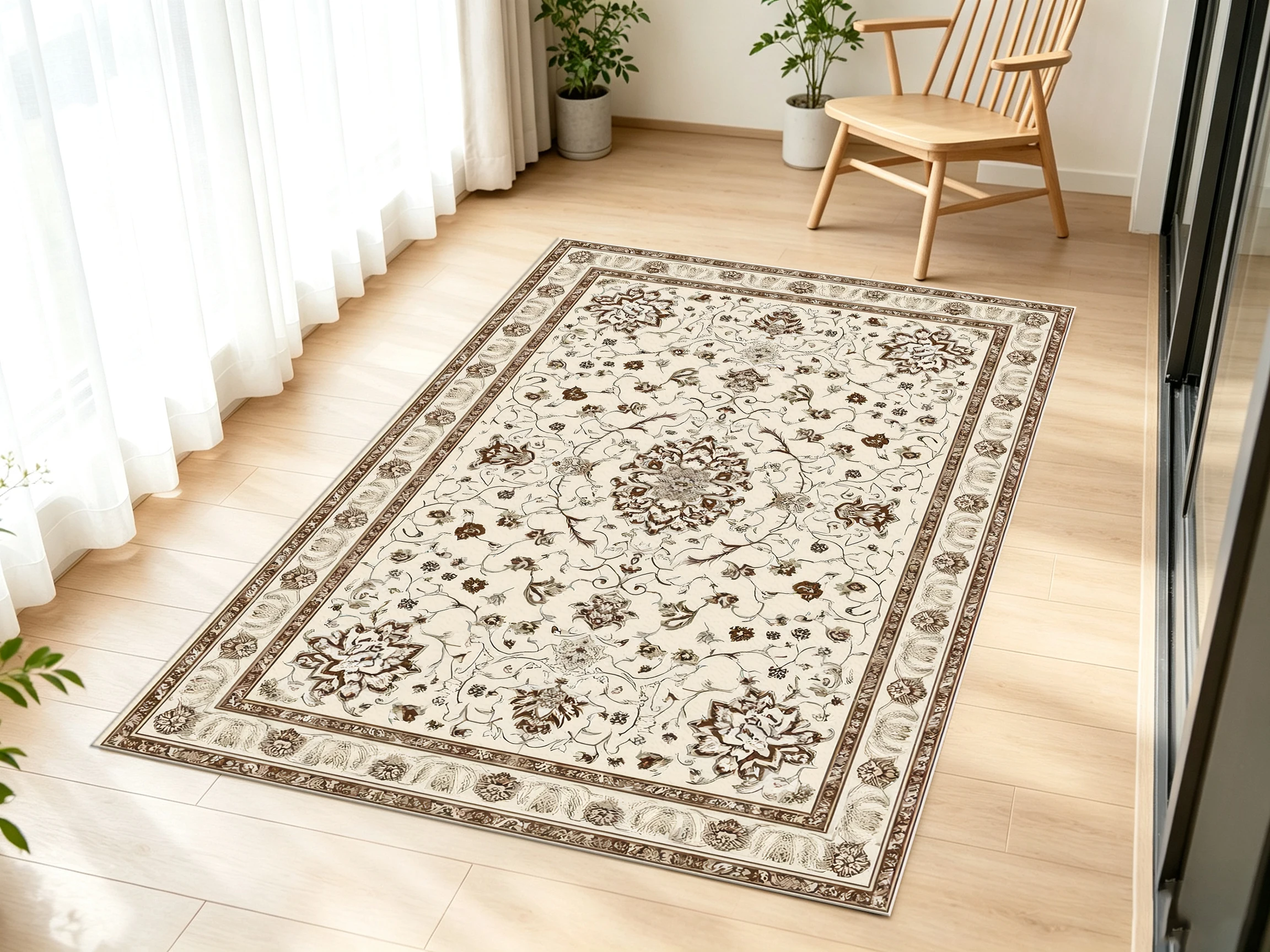 2D Carpet, 2D Large Carpet, Beige Brown Vintage Persian Pattern, Soft to the Touch, Suitable for Living Room and Bedroom