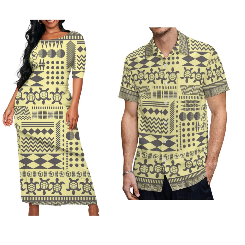 

Island-Style Couple Set Pacific Island Custom Print Ladies Puletasi Dress 2-Piece Samoan Party Matching Men'S Shirt