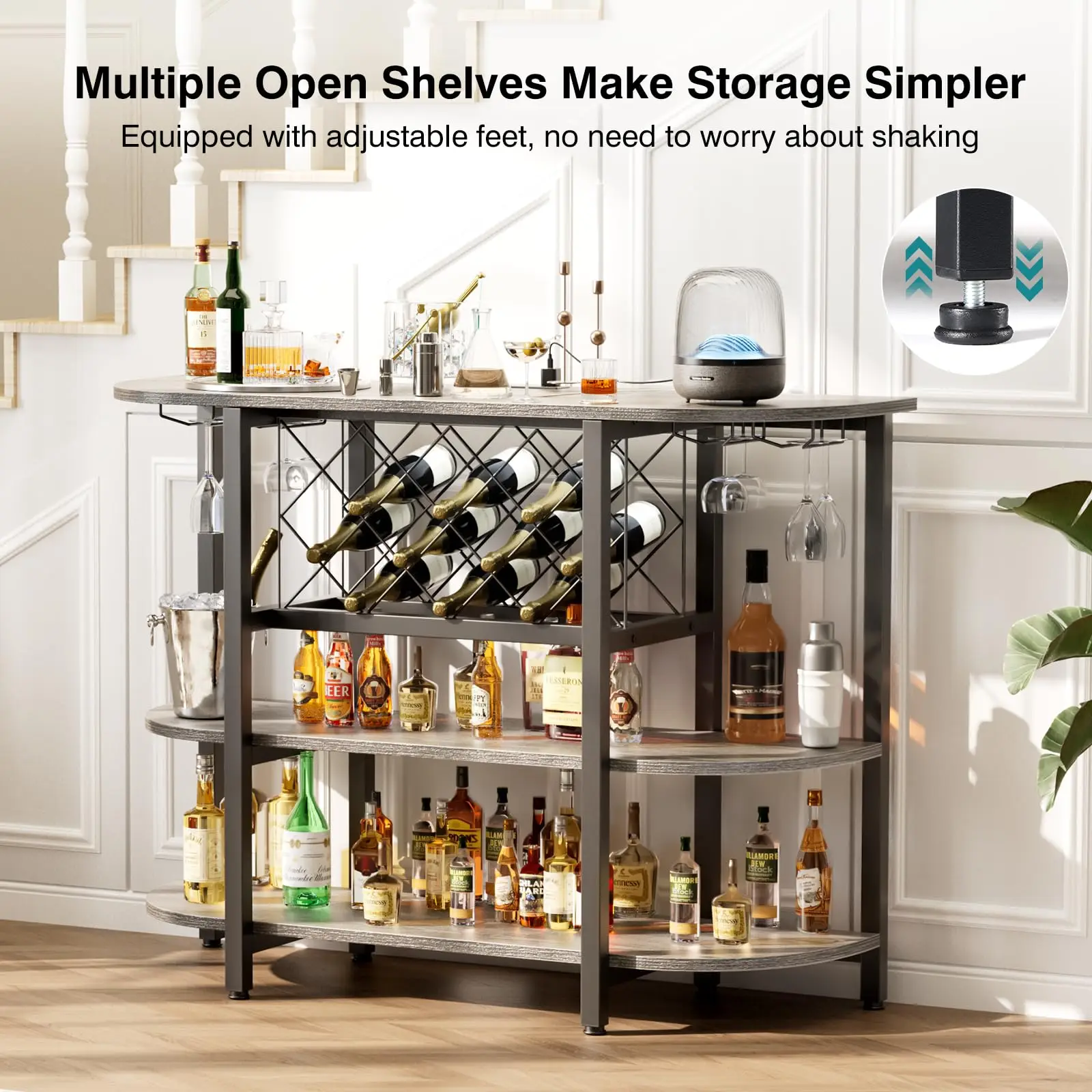 JHK Living Room LED Home Bar Cabinet with Storage LED Charging Station Metal Wine Cabinet with Glasses Holder and Wine Bottle Holder Of Furniture