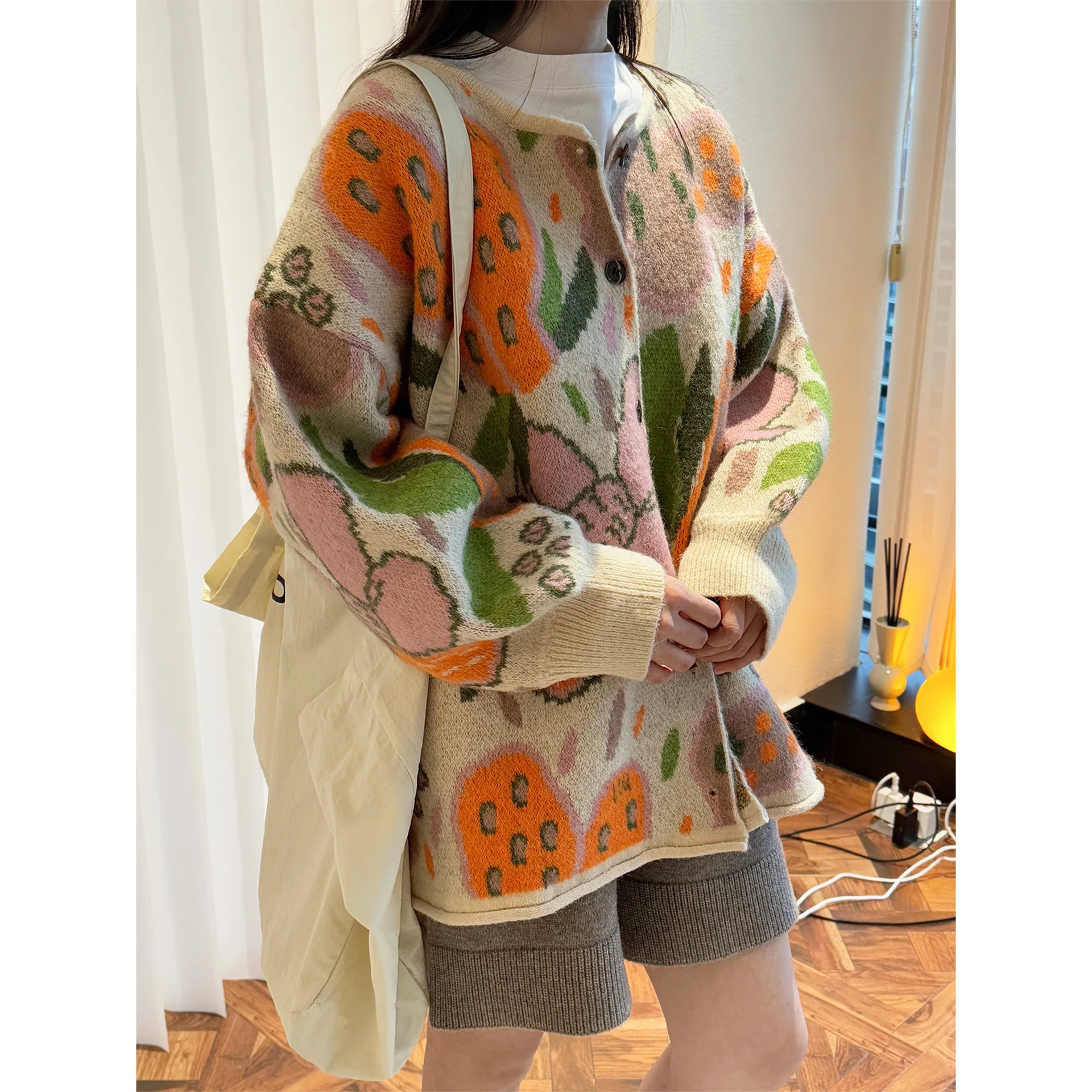 Spring Orange Jacquard Wool Knitted Cardigan Soft Sticky Skin Friendly Top For Women