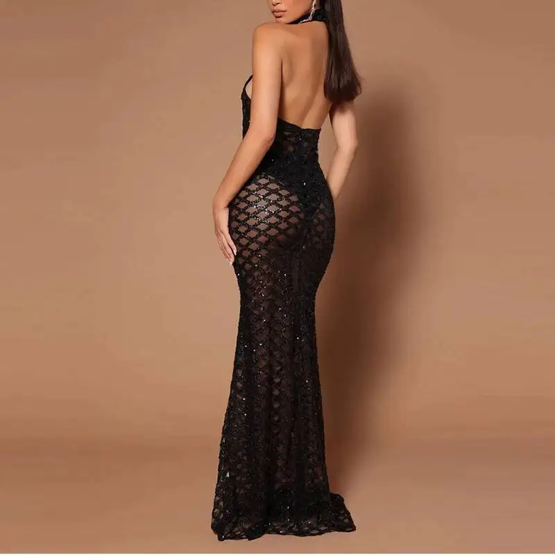 فستان نسائي نحيف هالتر مسائي مثير أنيق شبكي ترتر كامل الطول للحفلات أنيق بدون ظهر لامع