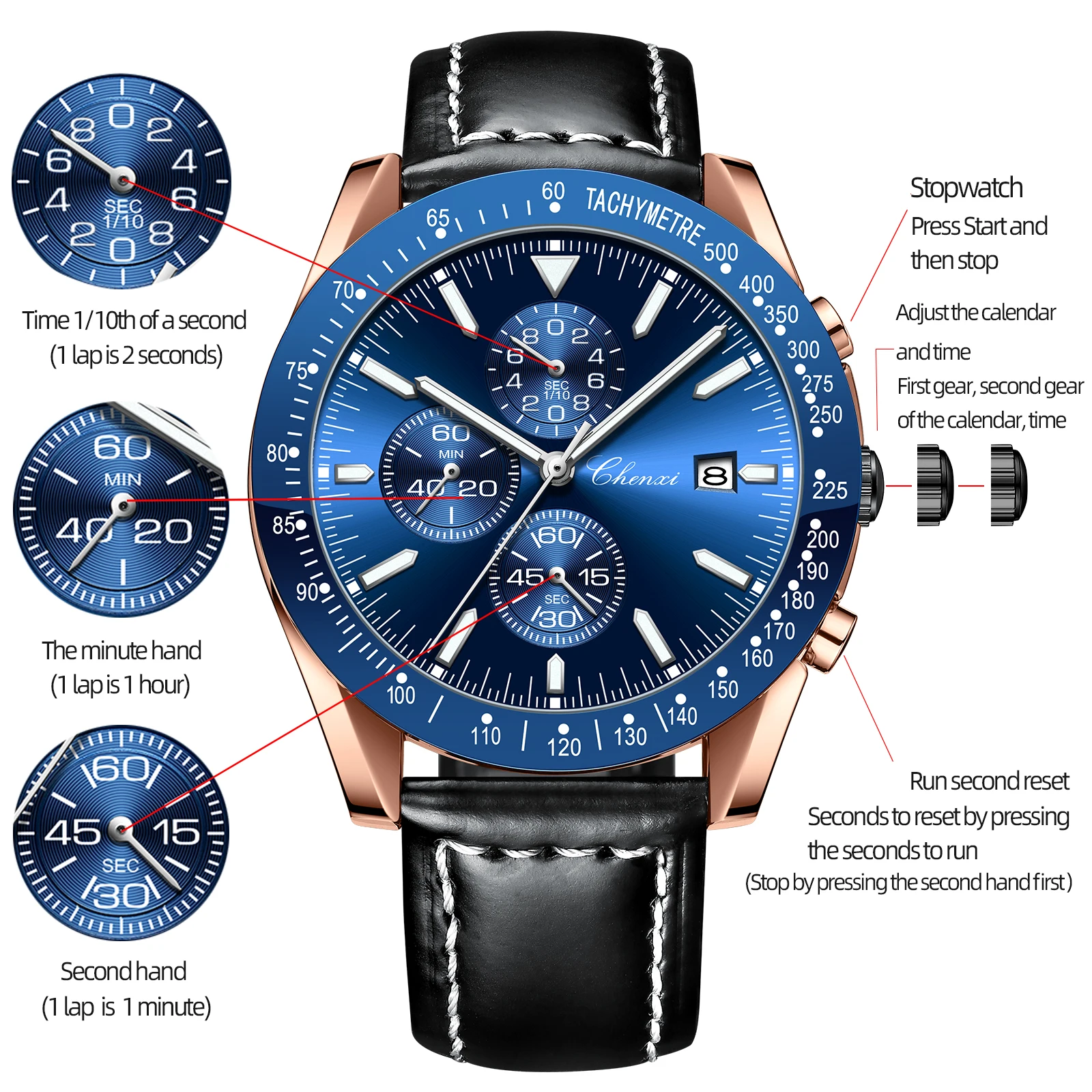 CHENXI 960 reloj de pulsera de lujo para hombre joven cronómetro impermeable luminoso reloj de hombre de cuero de alta calidad reloj deportivo de cuarzo para hombre