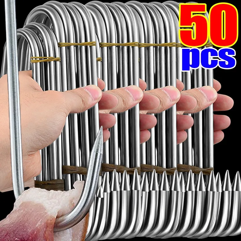 50/10PCS Stainless Steel S Hooks with Sharp Tip Kitchen Meat Hanging Hook Hangers BBQ Bacon Hams Smoker S Shaped Hooks Gadgets