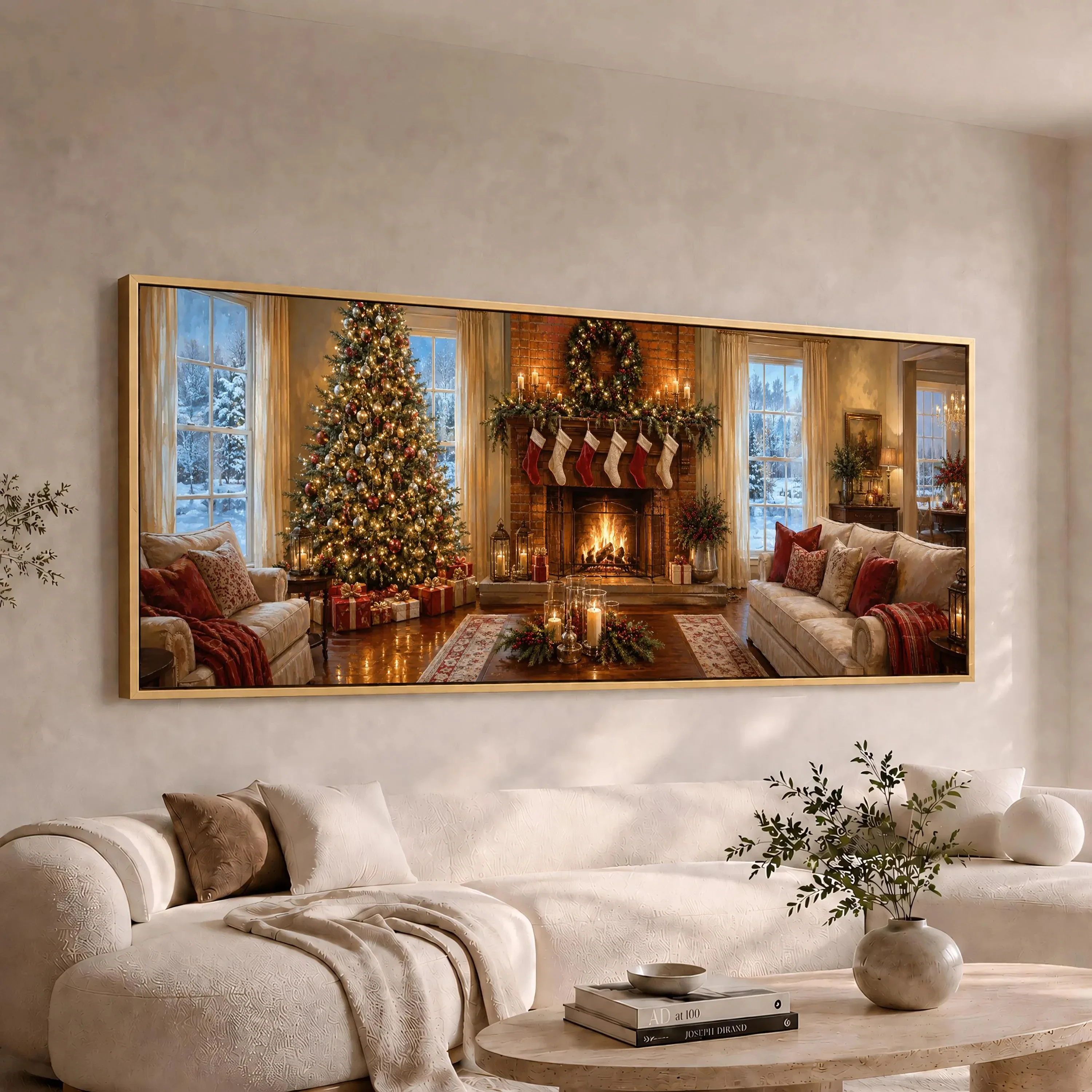 Christmas Living Room Canvas Print, Xmas Stockings Fireplace Glowing Tree Indoor Scene Wall Art, Festive Winter Home Decoration