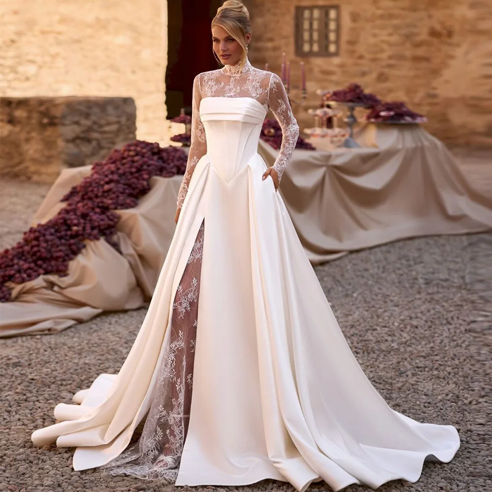 High Quality Ruched Satin Wedding Dress Elegant Lace Long Sleeves Customized Bridal Gowns Modern High Collar Robe de mariée
