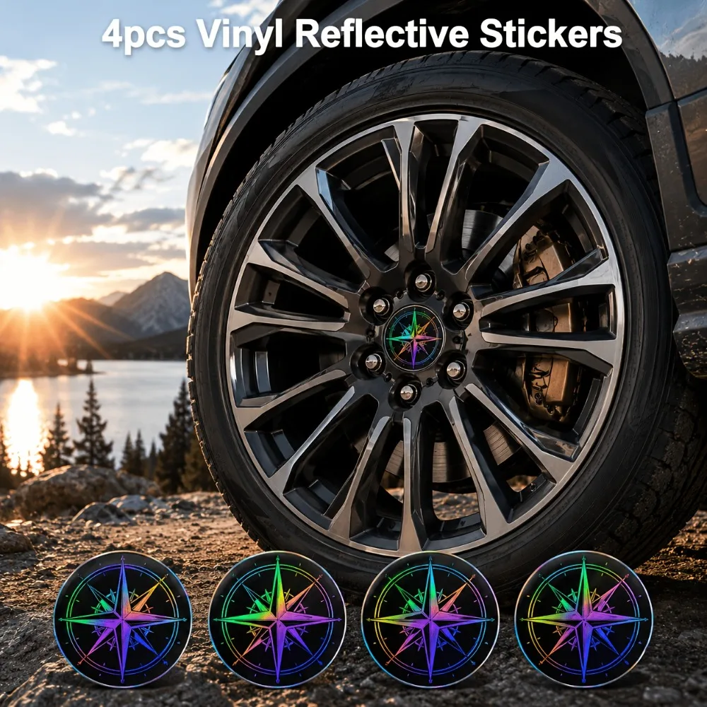 4Pcs Holographic Rainbow Flame Wheel Hub Cap Stickers, Round Vinyl Decals, Dynamic Hot Rod Tuning Style Universal Rim Decor