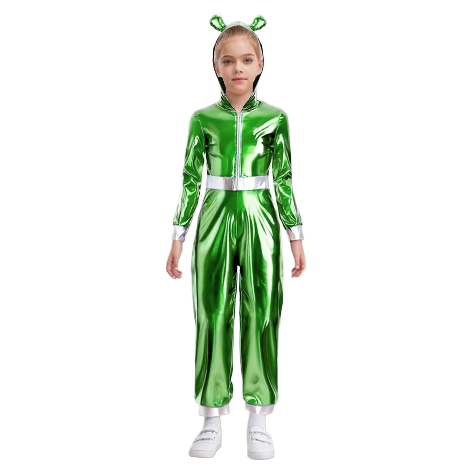 Girls Halloween Astronaut Alien Cosplay Costume Long Sleeves High Waist Shiny Metallic Zipper Jumpsuit Athletic Bodysuit Rompers