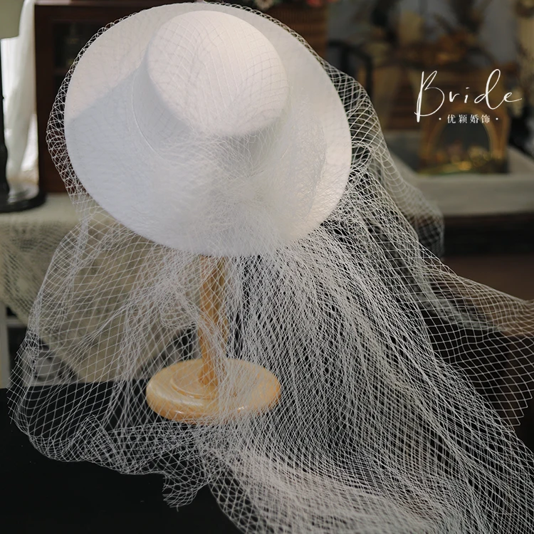 Fashion White Wedding Hat with Long Veil Elegant Large Flat Fedora Hat Face Veil Fascinator Hat Headwear Church Party Formal Hat