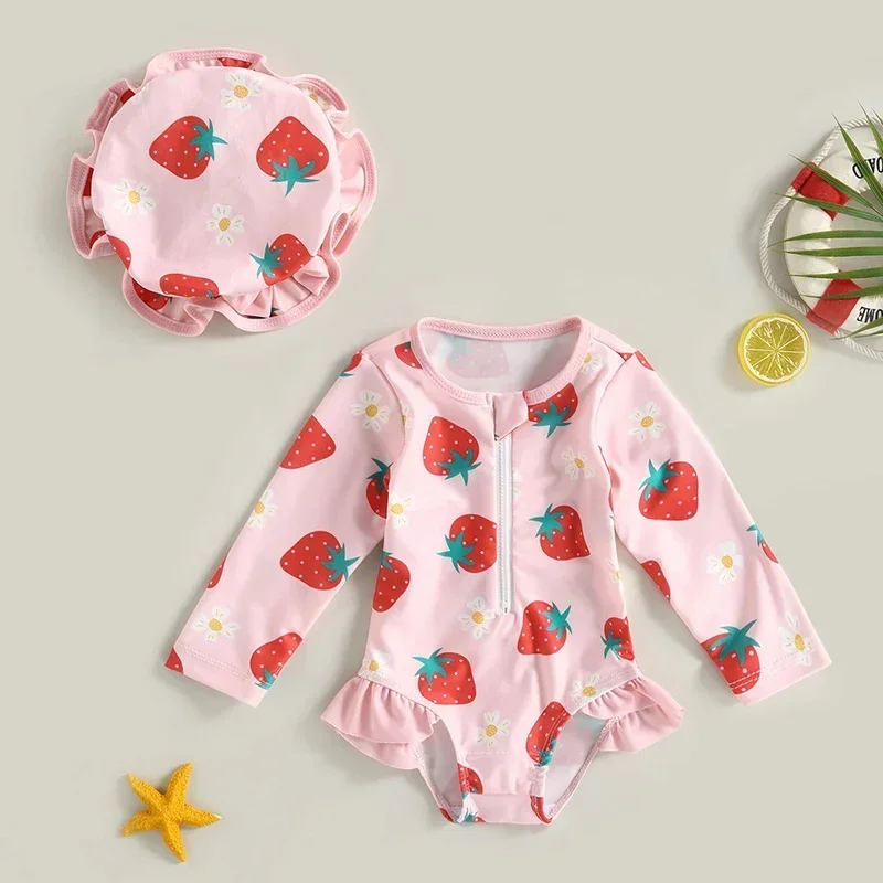 

Print Bathing Suit + Sun Hat Summer Swimwear for 6 Months to 3 Years Toddler Girl Rash Guard Swimsuit Long Sleeve Strawberry
