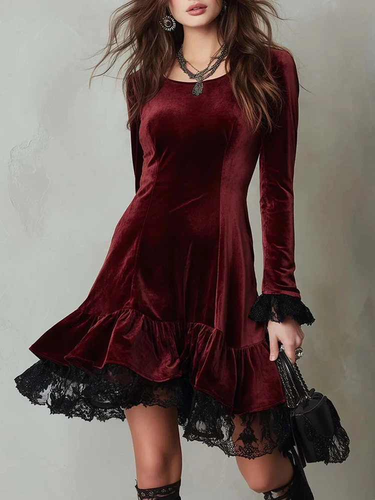 

autumn women's long sleeved casual style polyester material 2026 new fashionable round neck lace edge flared hem dress