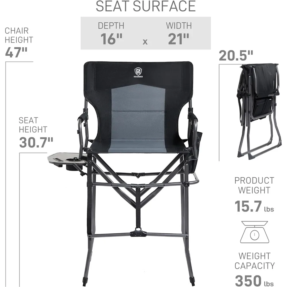 Alta Folding Camping Chair com mesa lateral, alta dobrável Bar Stool, cadeiras portáteis, Diretores, Altura, 30,7