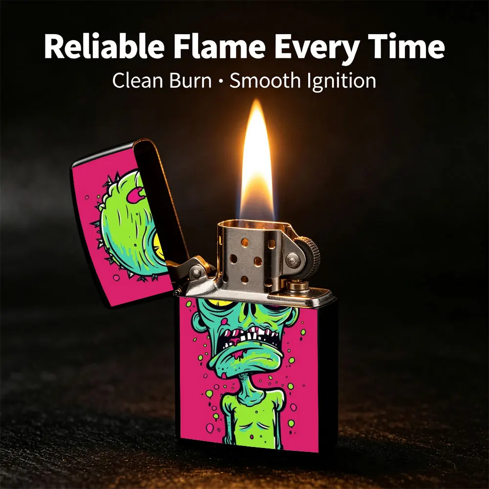 Pocket Lighter, Flip Top Design, Cartoon Zombie Green Face Pink Eyes Print, Metal Case, Windproof Flame, Refillable, Portable & Practical for Daily Use and Gift Giving