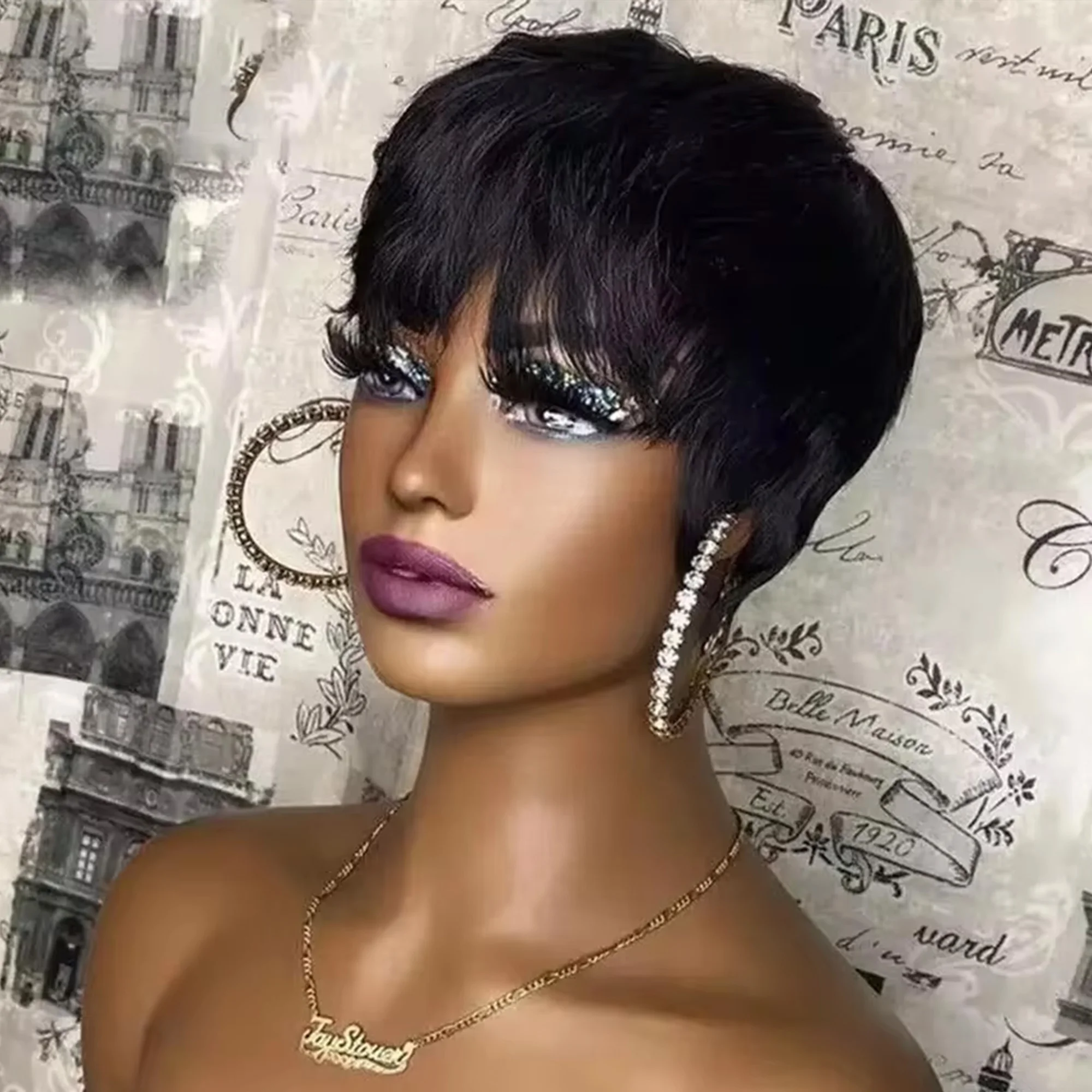 

Короткие прямые парики-пикси машинной работы для чернокожих женщин с челкой, из бразильских натуральных волос, без кружевной основы, недорогие.