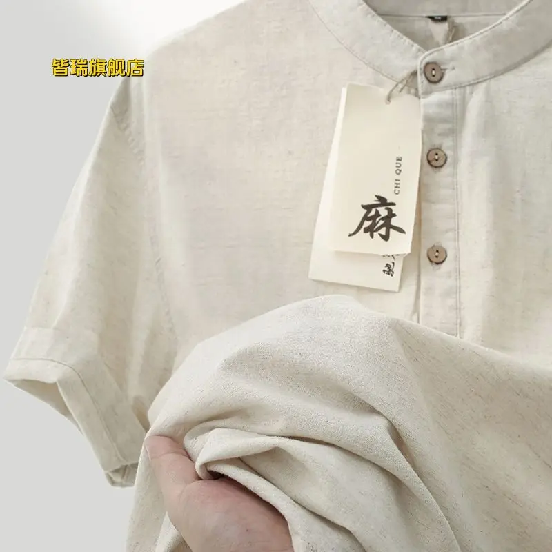 

China Linen Mandarin Collar Men's Cotton Linen Short Sleeve Shirt