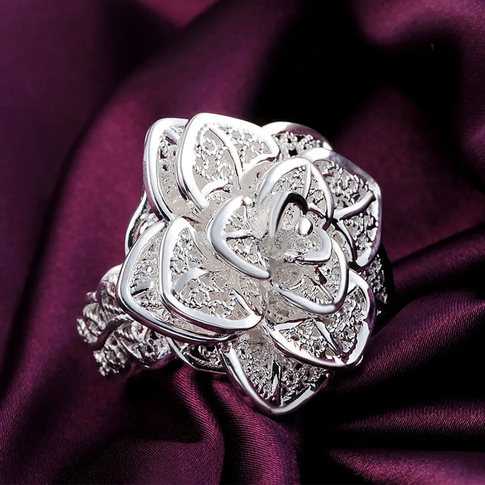 Charm 925 Sterling Silver Luxury Open Flower Ring For Women Wedding Fashion Party Favors Jewelry Wholesale