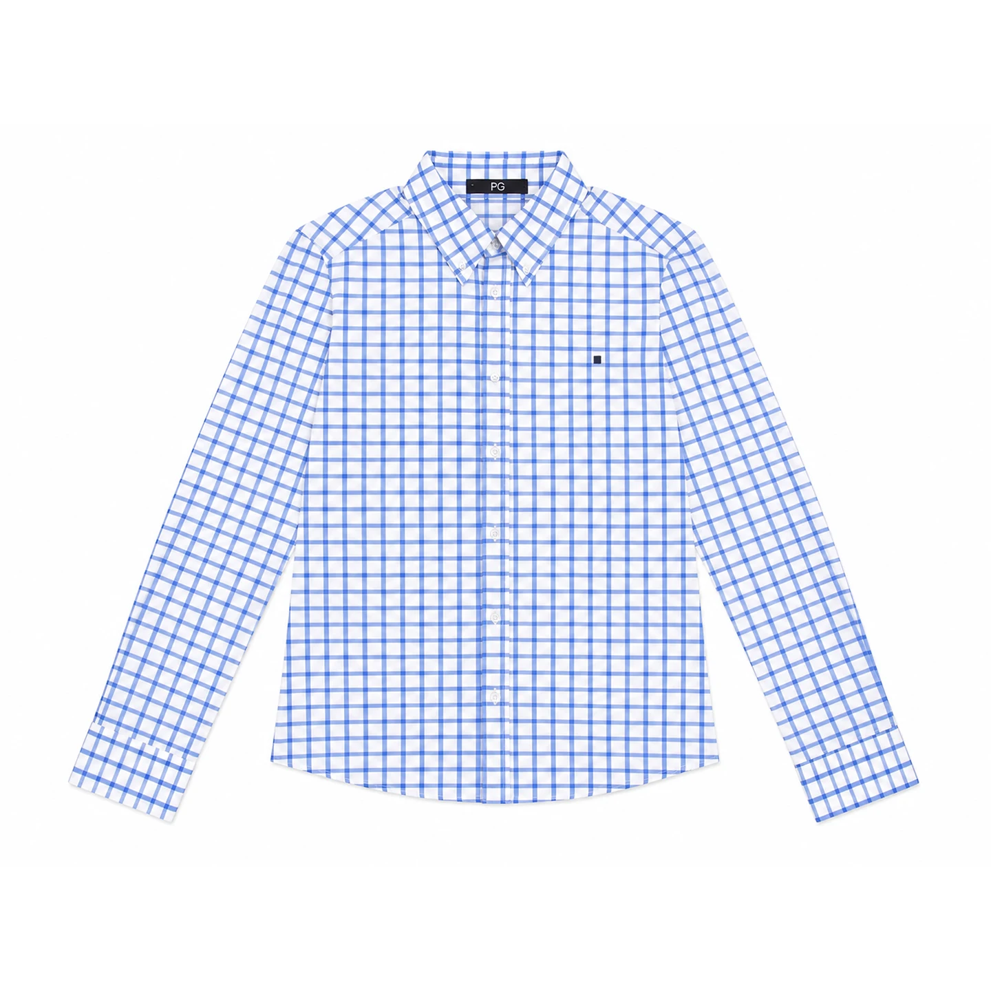 PG Mens Blue White Windowpane Check Long Sleeve Shirts Lapel Collar Button Front Slim Fit Straight Hem Embroidered Detail Tops