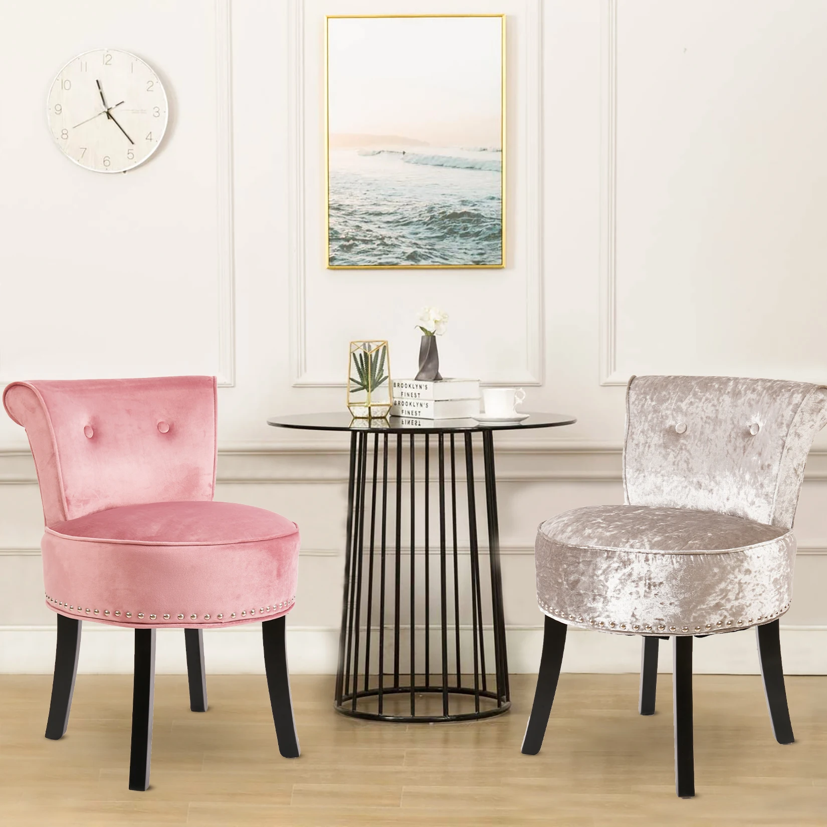 Vanity Stool Chair Makeup with Upholstered Round Velvet  Padded Chair with Wood Legs Grey Pink