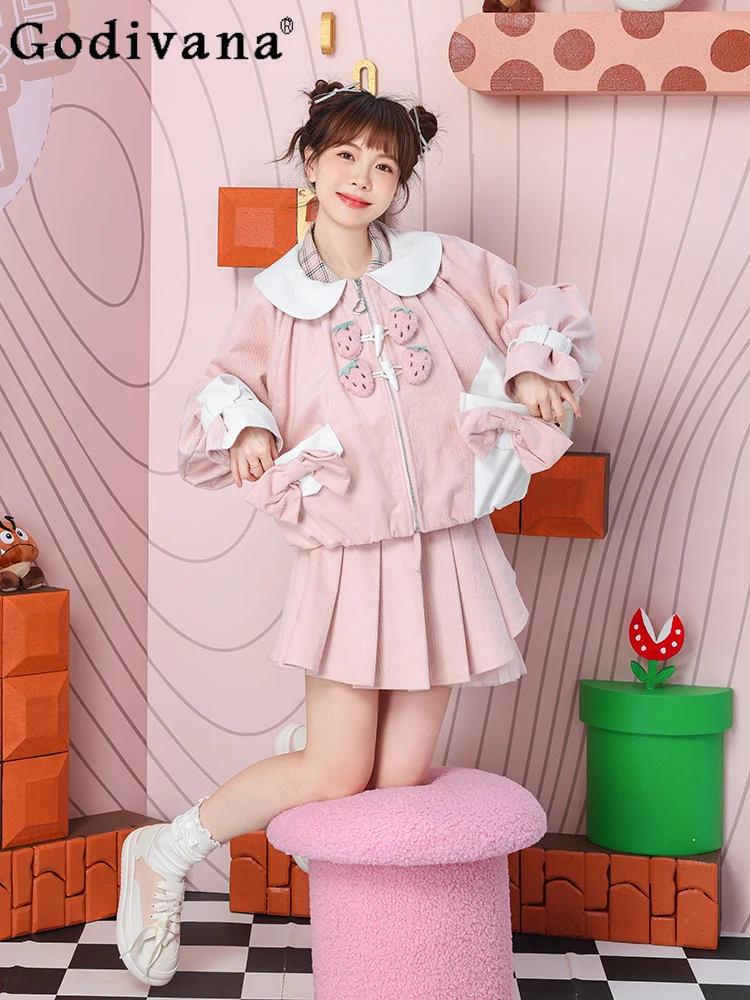 

Autumn New Fashion Bow Strawberry Doll Collar Pink Coat Girly Sweet Kawaii Loose Slim Elegant All-Match Tops Women Y2k Clothes