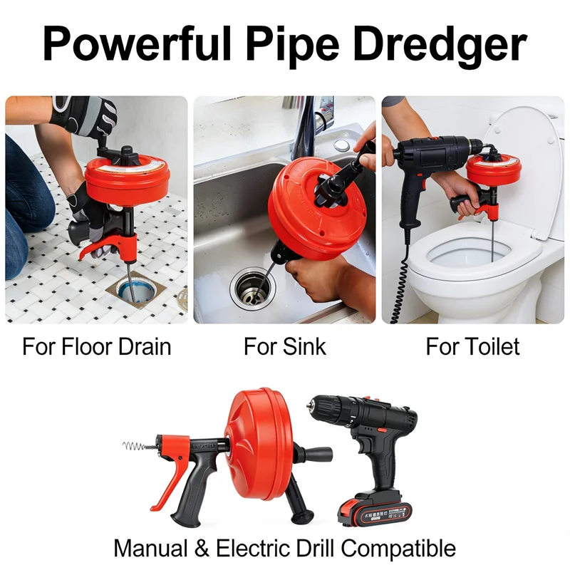 

Профессиональные инструменты для прочистки труб: ручные или электрические, с питанием от дрели, для канализации, унитазов, кухонных раковин и ванн