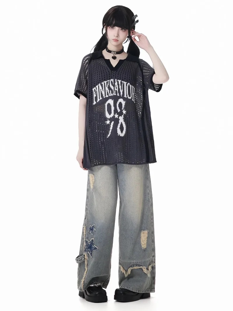 American Retro Jeans Washed Stars Thin Legs Waist Chain Original Design Trousers Women's Zipper High-waisted Denim Pants Clothes