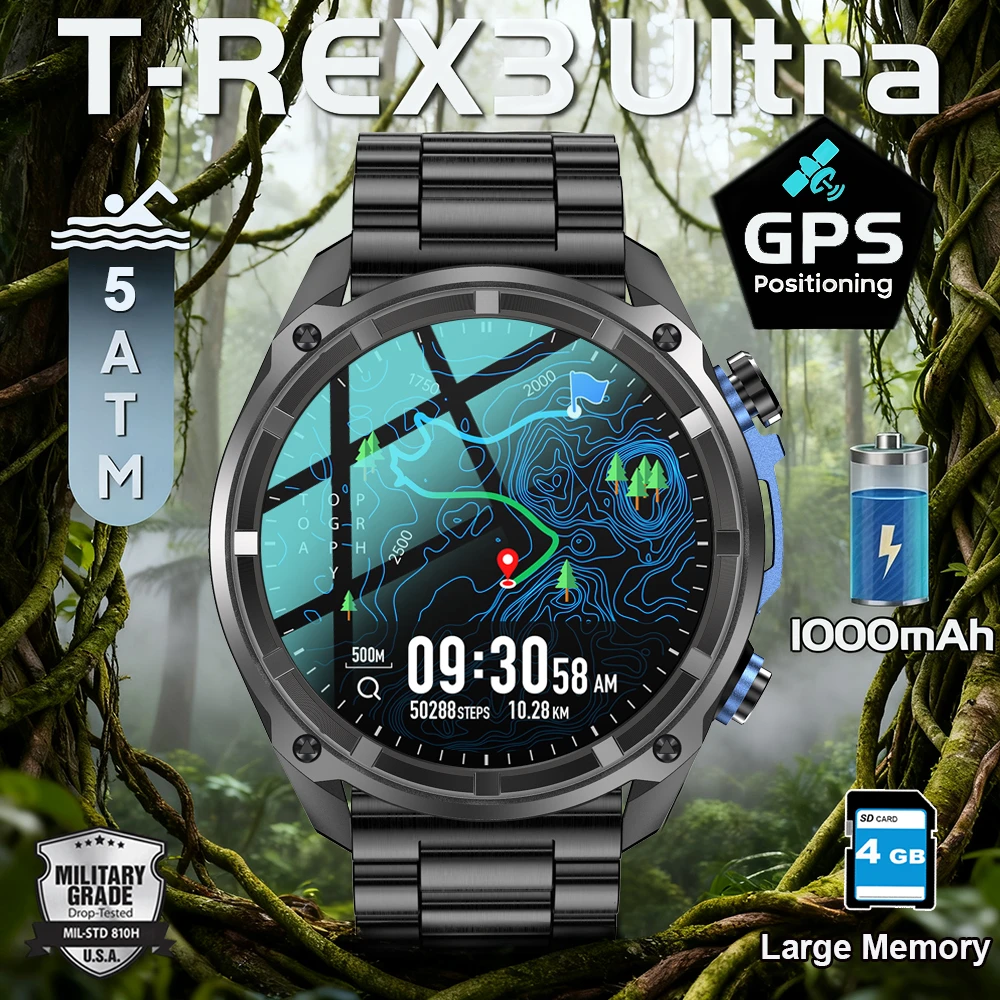 

2026 New MEN Military T-Rex3 Smart Watch GPS with Offline Maps 4GB Memory Video Player Sports 3ATM Waterproof AMOLED Smartwatch