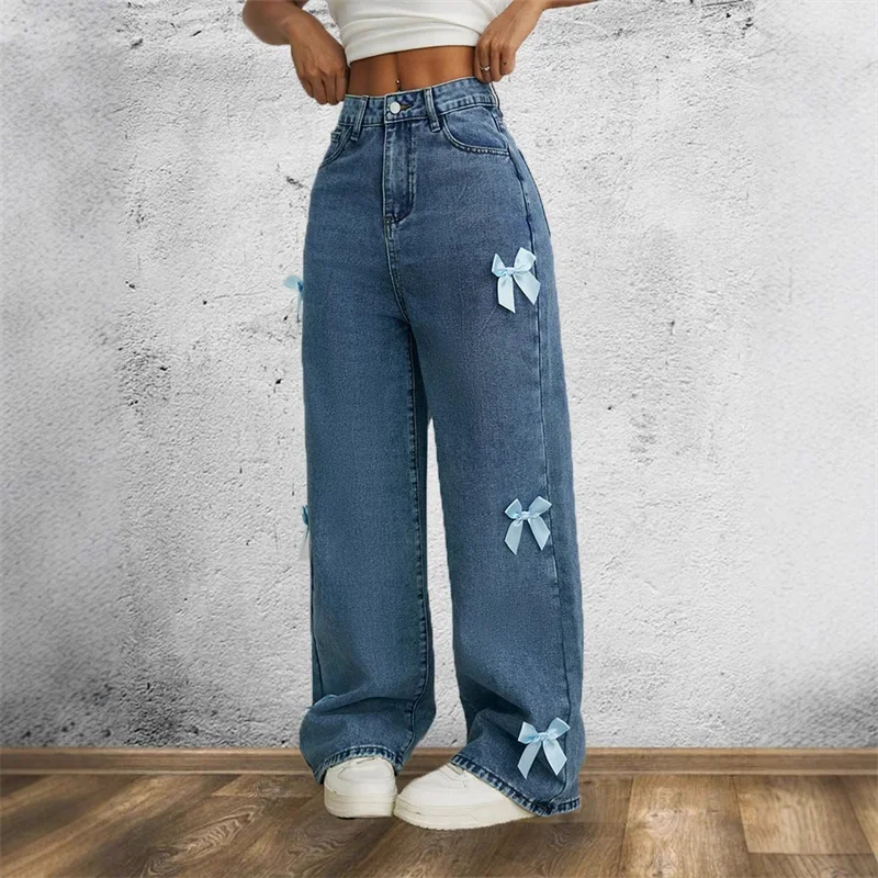 

Уличная одежда, винтажные мешковатые джинсы с высокой талией и бантами Y2k, женские новые весенние повседневные потертые прямые широкие брюки для женщин