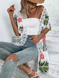 Summer Bohemian Lady Clothing Women's Beach Flower Print Lace Patchwork Fashionable Vacation Shirt Cardigan