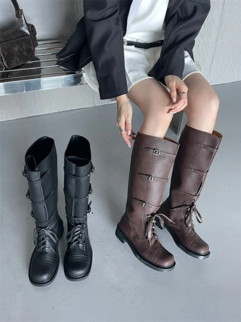 

Brown Knight Boots Belt Buckle Boots Women's Black Knee High Long Boots Western Cowboy Brand Design Shoes Fashion 2025