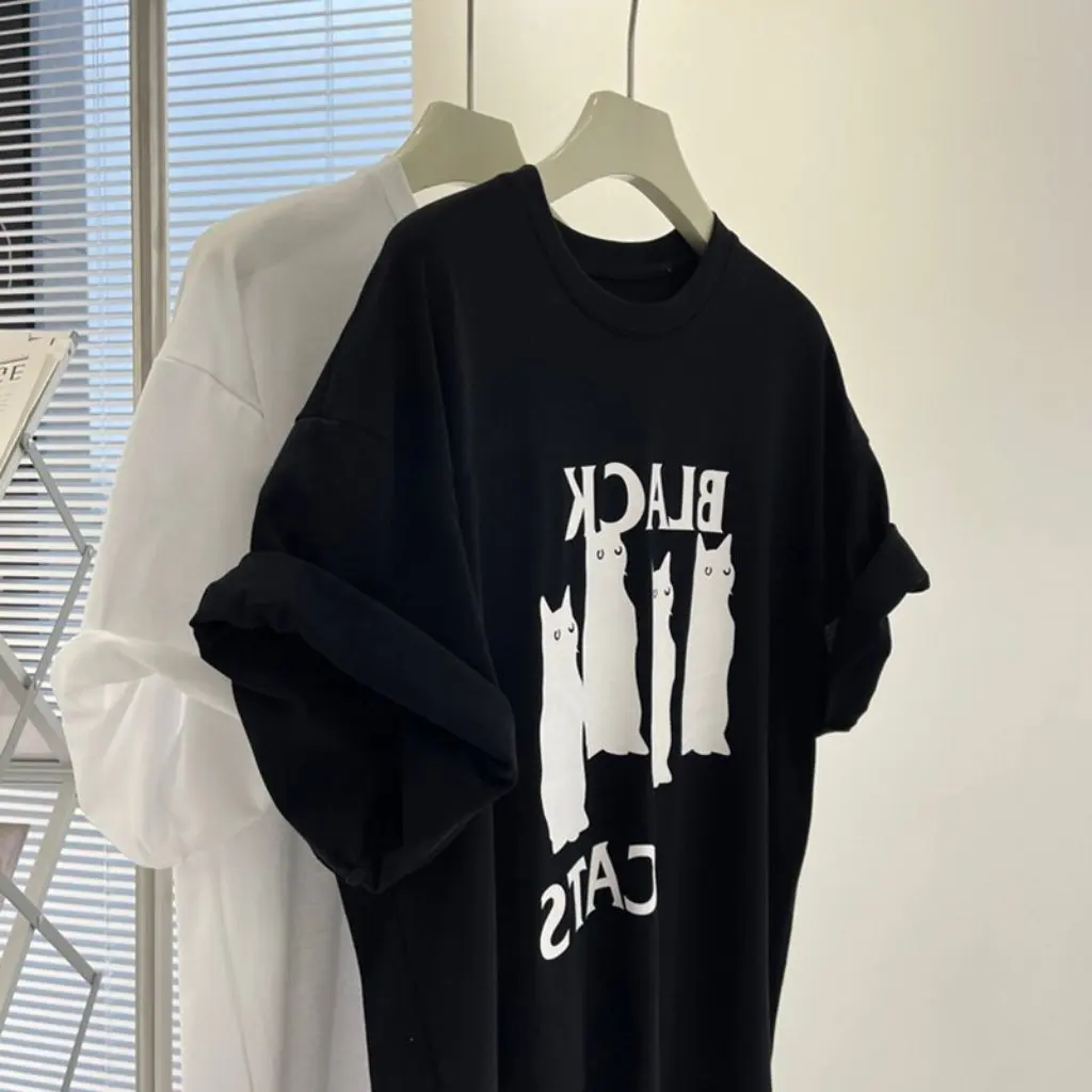 

Summer Couple's Fashion T-Shirt Shoulder Short-Sleeved Women's High-Grade Sense Hong Kong Style Chic Top Ins Brand