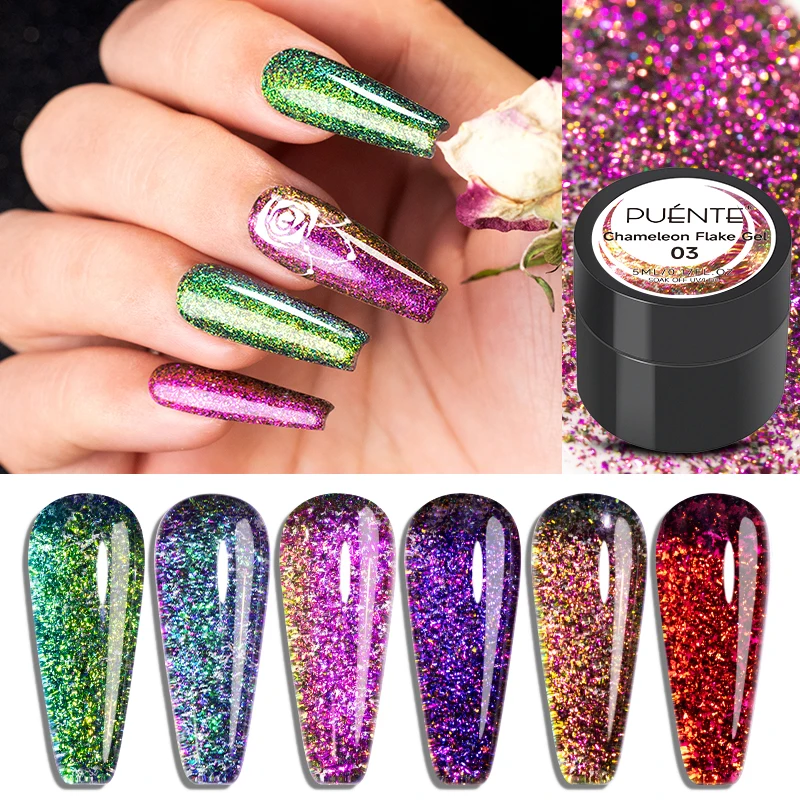 PUENTE Chameleon Flake Gel Nail Polish With Brush Sparkling Aurora Glitter Nail Art Varnish Soak Off UV Nail Gel For Manicure
