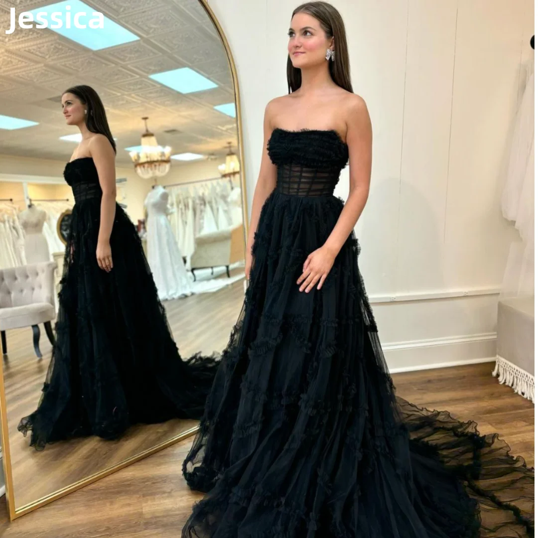 

Jessica Strapless Tulle Prom Dresses Black Princess Lady Evening Dresses Wedding Dress Formal Party Dresses Robes De Soirée2024