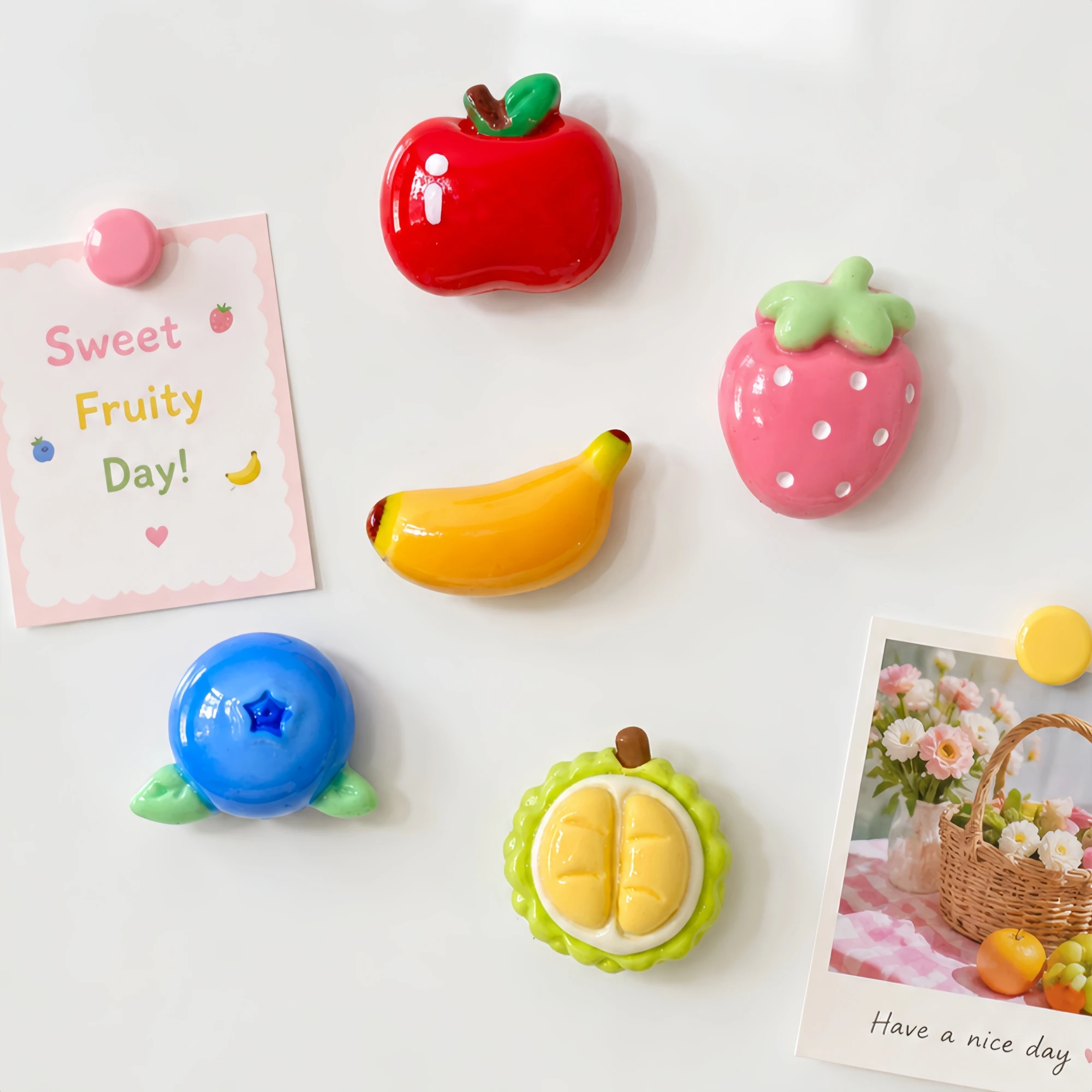 Fruit Fridge Magnets, Resin Durian Strawberry Banana Apple Blueberry Refrigerator Magnets for Kitchen Whiteboard Home Decor