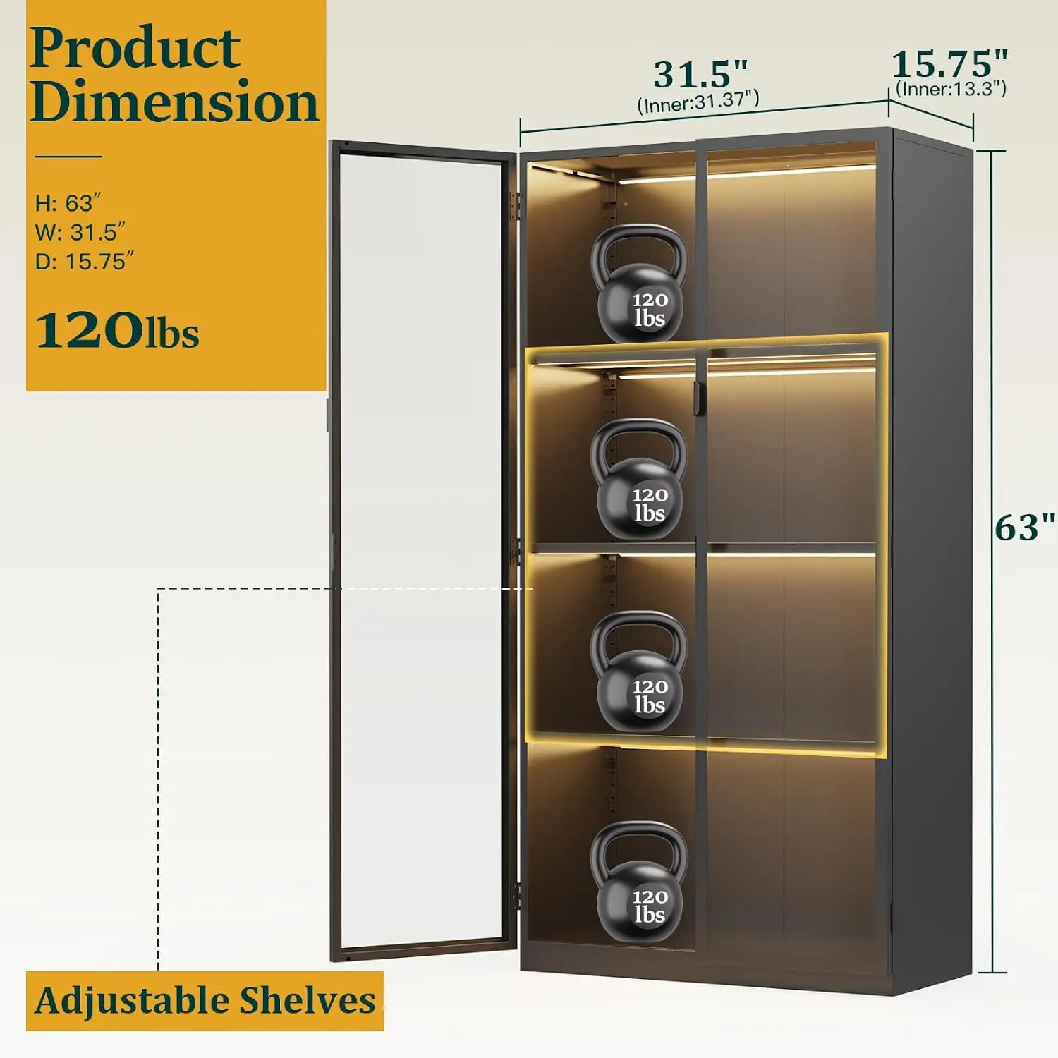 Display Cabinet with Glass Doors and LED Lights, Glass Display Cabinet with 3 Adjustable Shelves,4 Tier of Storage Space Curio C