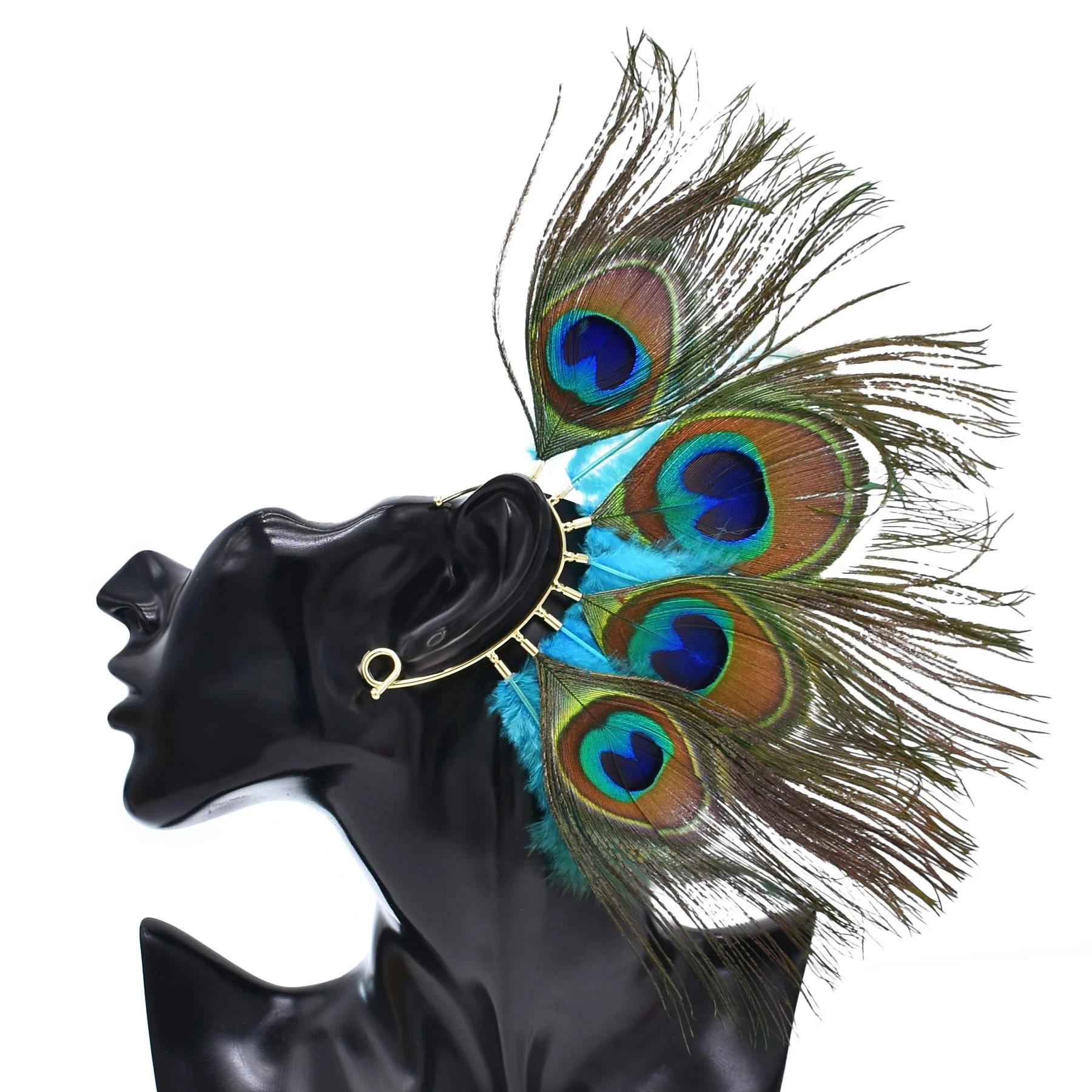 1 Pcs Peacock Feather Ear Hanger Cuff Earrings Super Large Left Non Piercing Clip Earrings Bohemian Indian Ethnic Trible Jewelry