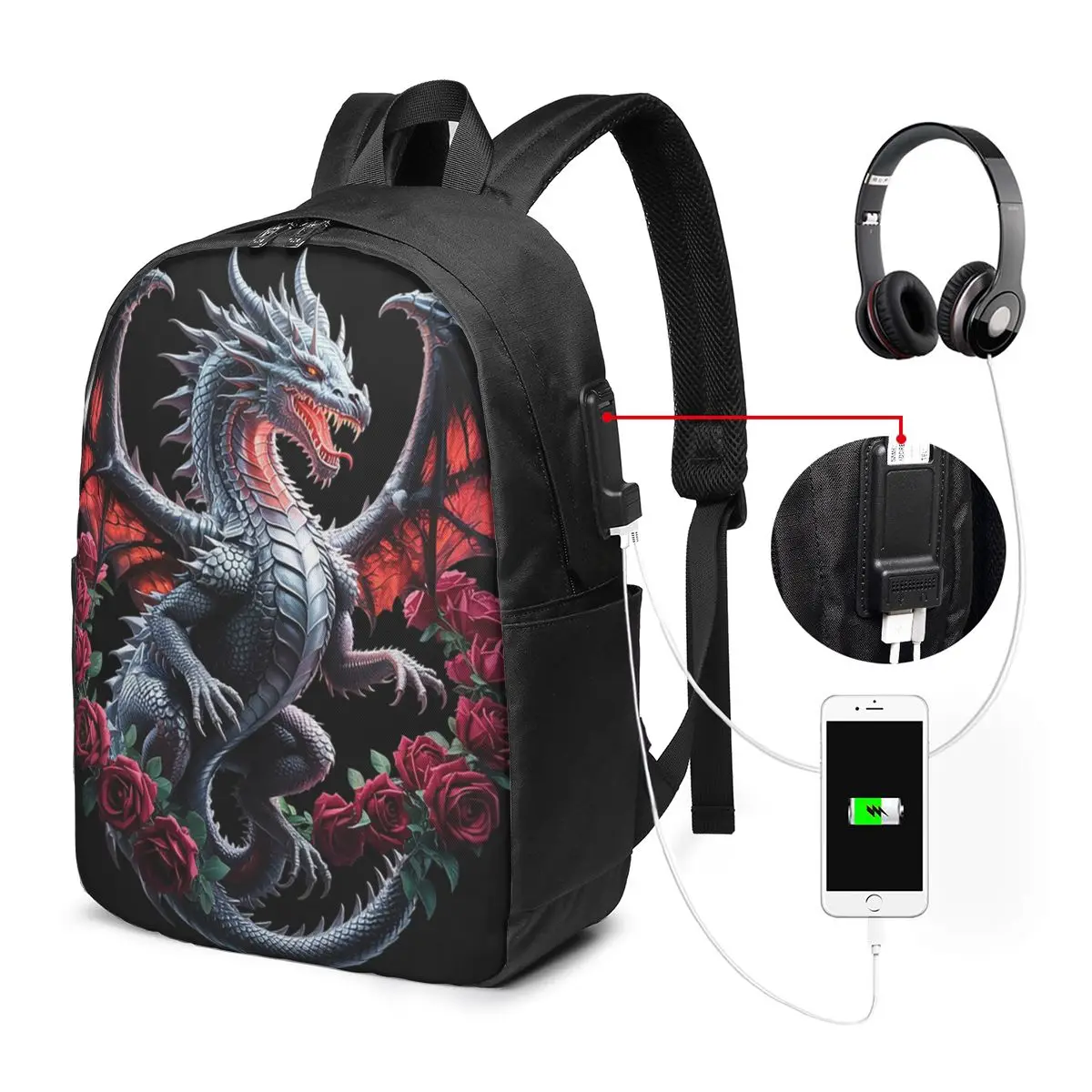 Majestic Black Fierce Dragon Among Roses Backpack Travel Notebook Bag Computer College Student School Bag Laptop Shoulder Bags