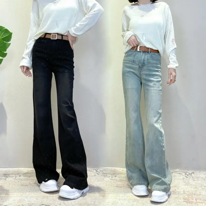 Jeans svasati con diamanti a vita alta da donna Sle Primavera Nuovo arrivo Ele Pantaloni lunghi versatili fino al pavimento