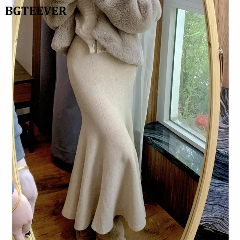BGTEEVER Autumn Winter Slim Ladies Knitted Mermaid Skirts Elegant High Waist Solid Package Hip Sweater Skirts for Women