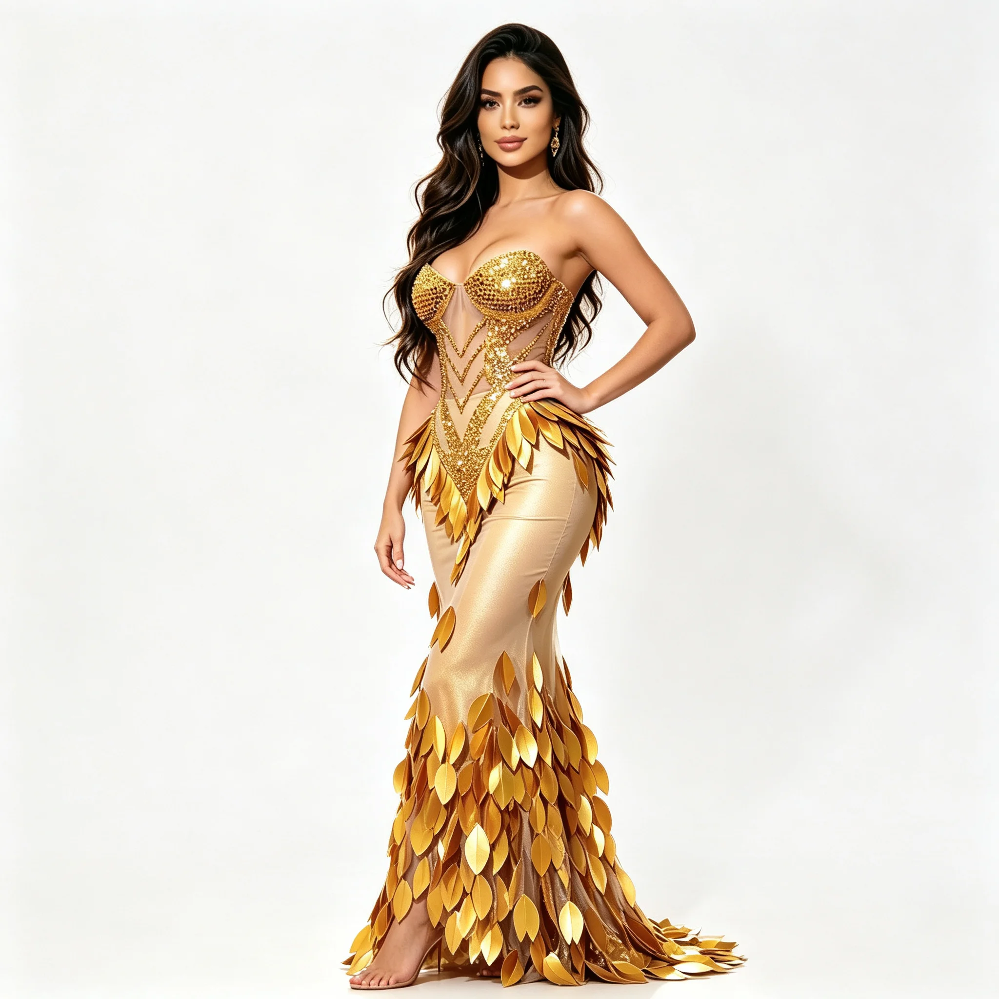 

Sexy Ladies Strapless See-through Mesh Long Dress Shiny Gold Rhinestone Sequins Birthday Party Nightclub Party Dance Costume