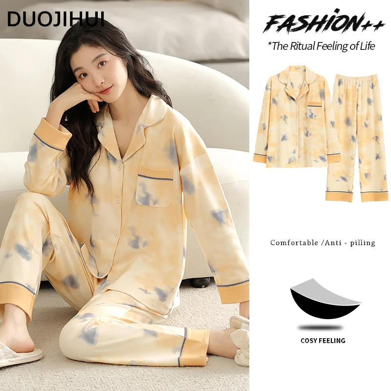 

DUOJIHUI Two Piece Chicly Printed Casual Pajamas for Women Contrast Color Button Cardigan Fashion Pant Simple Female Pajamas Set