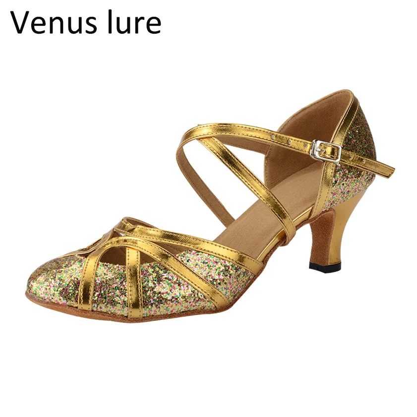 Venus Lure Salsa Latin Dance Shoes for Women Gold Glitter Round Toe Party Shoes 6.3CM