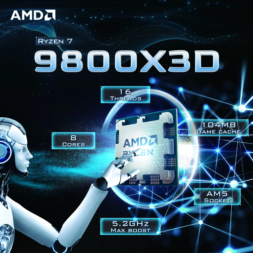 معالج AMD Ryzen 7 9800X3D 8-Core 16-thread 4.7 جيجا هرتز 120 وات L3=96M DDR5 مقبس جديد AM5 4NM R7 9800X3D ولكن بدون مروحة