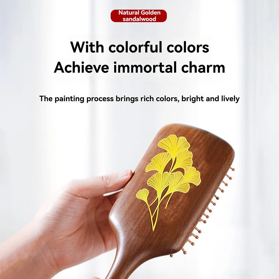 Golden Rosewood Printed Air Cushion Comb, Natural Wood with Silicone Air Cushion 2-in-1 Hair Care