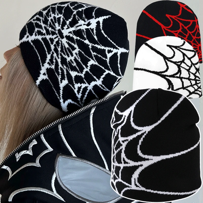 Fashion Knitting Spider Web Design Hat for Men Women Pullover Pile Cap Y2k Goth Warm Beanie Hats New Hip-hop Street Cap