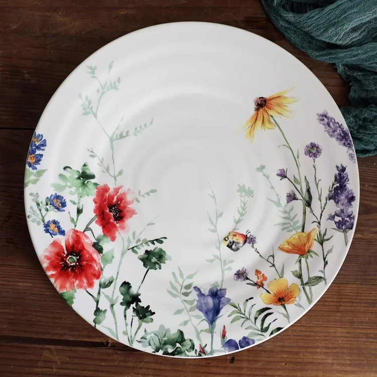 

Rounded Cerc Dinnerware Plate Fre Plant Floral Pattern Western Steak Plate Country Sle Porcelain Soup Bowl for Adults