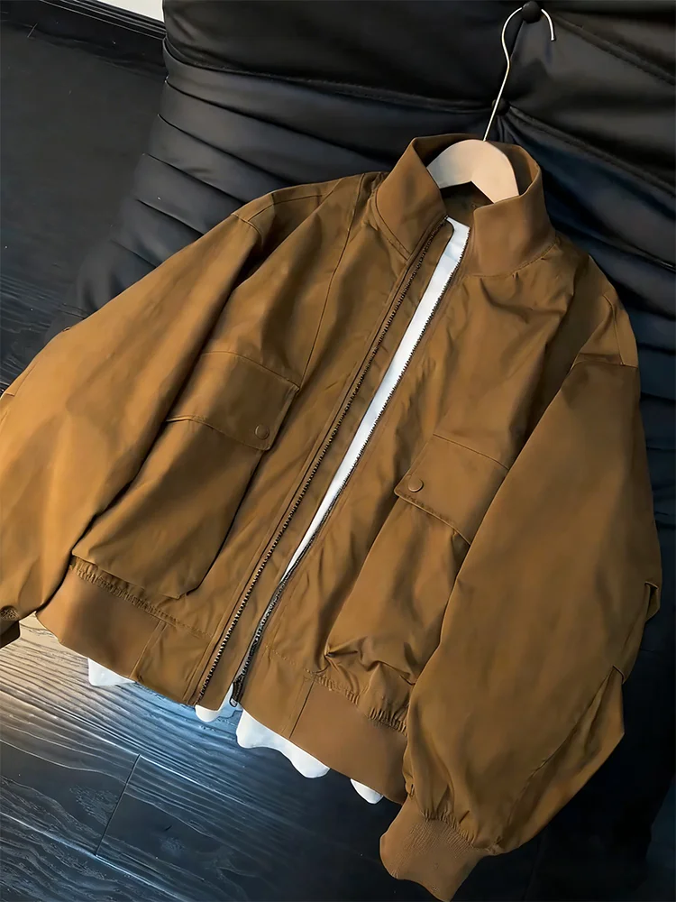 Men's Brown Workwear Flight Jacket Spring Autumn Short Style Baseball Coat Three-Proof Loose Fit Youth Popular Polyester Fiber