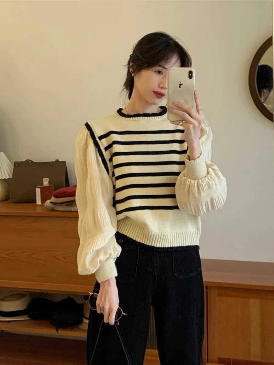 Comfortable Versatile Striped Knitwear Jaet Heavyweight Small Fraance Sle Single Button V-Ne Commute Wind for Young W...